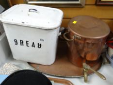 Large twin-handled copper tray, copper hot water boiler, enamel bread bin