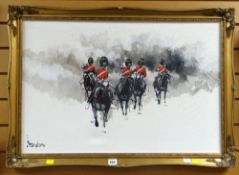 Framed oil on canvas of charging cavalry, signed BRANDON together with a framed oil on board of