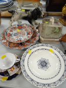 Two Oriental Imari decorated plates, Gaudy Welsh trio, Minton bowl etc