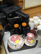 Set of cased binoculars, vintage cine camera, boxed dominoes, two items of Maling ware