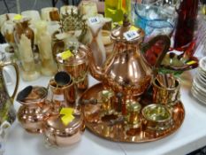 Copper three-piece teaset & tray etc