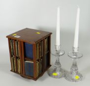 A miniature revolving bookcase & contents, 'The Works of Shakespeare' together with a pair of