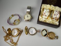 Pair of boxed enamel Royal Worcester napkin rings, brass sovereign case, fob watches etc