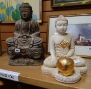 A carved wooden seated Buddha together with a modern ceramic Buddha figure with a gilt apple