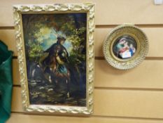 Small gilt framed oil on board of a horse & rider together with a small circular religious painted
