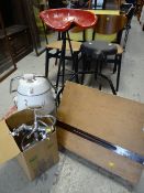 A parcel of furniture to include two tractor-seat stools, bathroom fittings, hair dryer etc E/T