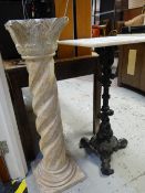 A wooden barley-twist column jardiniere stand together with a cast metal & marble top poser-style
