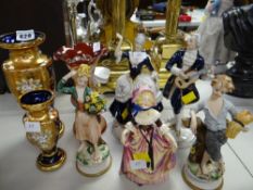 A pair of Royal Dux cobalt blue & gilt decorated figures, blue & gilt painted glass vases, two