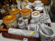 Grey marble kitchen items & ceramic storage jars