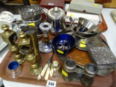Tray of various metalware including vintage binoculars etc