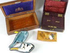 A small leather bound & gilt money cash box, small rosewood box, meerschaum pipe & blotter
