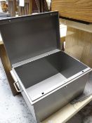 A metal strong box with carry handles