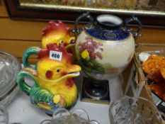Two West German ceramic cockerel pouring jugs together with a large decorated twin-handled vase