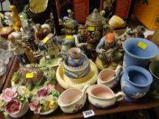 Tray of mixed china including continental figures, Wedgwood Jasperware etc
