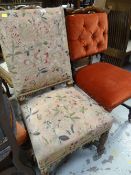 An antique cross stitch upholstered hall chair together with a similar button back plush velvet &