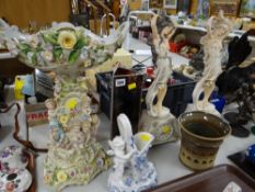 Large Meissen highly decorated table centre, pair of resin figure clocks etc