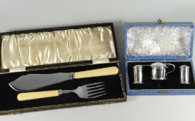 Cased hallmarked silver three-piece condiment set together with a cased set of EPNS fish servers