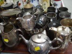 Tray of various metalware including pewter tankards, EPNS etc