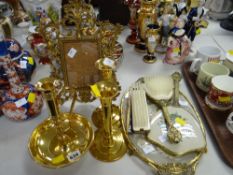 Brass easel photograph frame, brass candlesticks, dressing table set