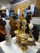A pair of brass effect pineapple topped table lamps together with two others & shades E/T
