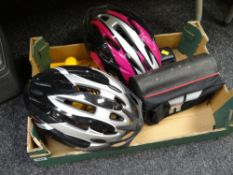 Two cycle safety helmets, camera & dictaphone together with a floor mounted hasp