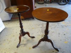Mahogany inlaid tripod table together with another