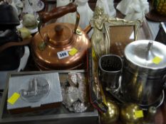 Copper kettle, brass weights, decanter labels etc