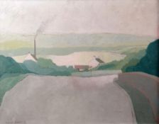 Oil on canvas by TERRENCE BENNETT - landscape with cottages and tall smoking chimney, signed and