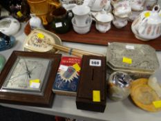 Vintage oak cased barometer, money box, marble table lighter etc