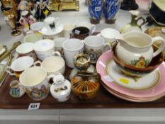 A tray of various mainly Royal commemorative mugs, two Royal Worcester dessert plates & a tazza,