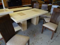 A cream marble & composite twin-pedestal dining table together with six high back dining chairs
