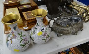 A pair of cloisonne decorated style vases & a believed bronze bowl