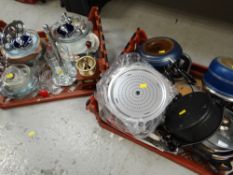Two crates of kitchen items including saucepans, Pyrex glassware etc