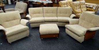 A retro bentwood teak & cushion lounge suite in a fawn fabric (worn arm rest)