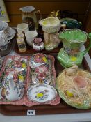 Two trays of mixed china, Poole preserve pot, Sylvac bunny jug together with a Maling dressing table