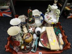 Crate of mixed china including Capodimonte-style lamp base, continental vases, place mats etc