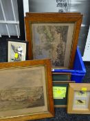 Box of framed hunting prints, WWI cartoons, framed fishing flies etc