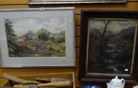 Framed watercolour - bridge over river, signed GEORGE DOLMAN together with another framed oil on