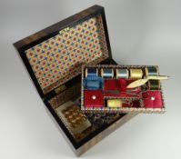 A small inlaid & marquetry sewing box & contents