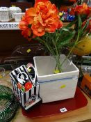 Modern red glass bowl, glass vase, boxed mugs etc