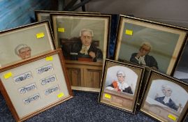 Box of framed coloured Vanity Fair prints relating to the Legal Profession & two modern paintings on