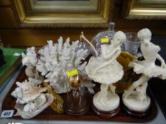 Cut glass bon bon dish, coral sculpture figurines etc