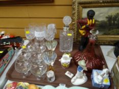 A white metal collared decanter & six Edinburgh crystal glasses, ruby glass decanter, figurines etc