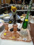 A Murano-style glass clown, pink glass part-dressing table set
