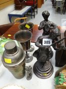 Two bronze figures of a flute player & violin player, EPNS cocktail shaker etc