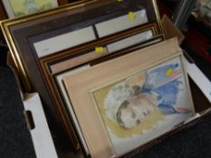 A box of framed WWI related pictures & documents