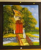 Large framed oil on canvas of an Oriental figure walking over a bridge to a temple