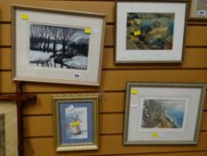 Framed watercolour 'Winter Scene' together with a small framed still life & two framed prints