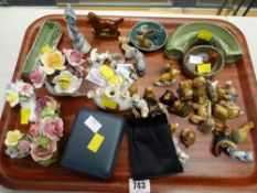 A tray of various collectables including Wade Whimsies, Royal Crown Derby pin brooch, Coalport etc