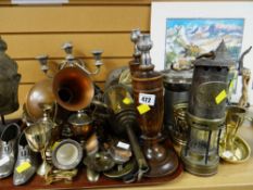 Parcel of various metalware including a miners lamp, horse brasses etc